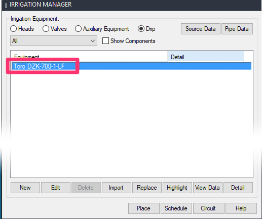 Irrigation equipment listed in Irrigation Manager