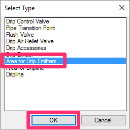 Select Type dialog box, Area for Drip Emitters option