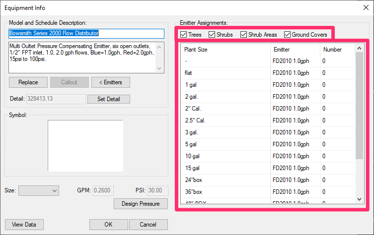 Equipment Info dialog box, Emitter Assignments options