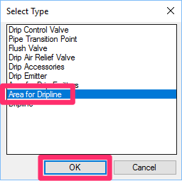 Select Type dialog box, Area for Dripline option