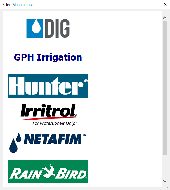 Select Manufacturer dialog box
