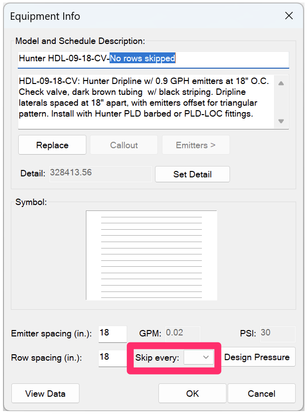 Equiment Info dialog box, row skipping option, no rows skipped