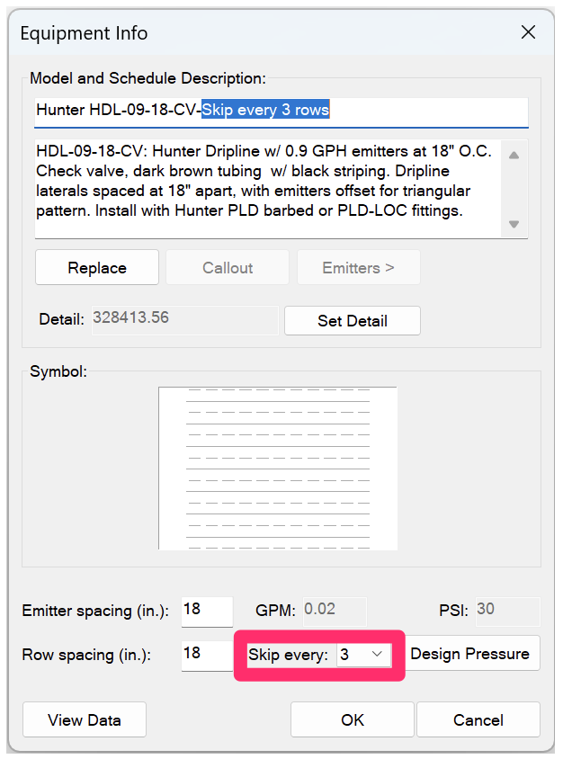 Equiment Info dialog box, row skipping option, 3 rows skipped