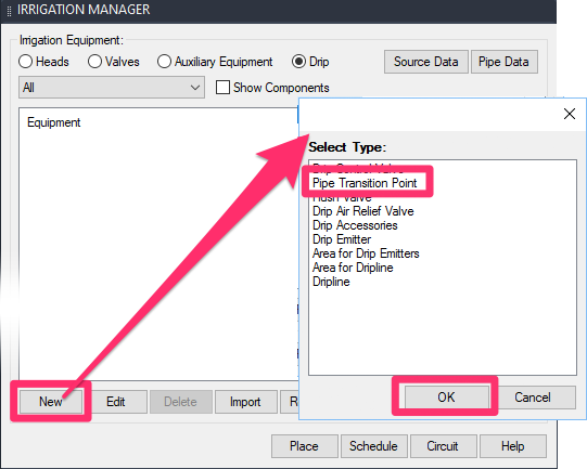 Select Type dialog box, Pipe Transition Points option