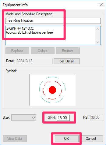 Equipment Info dialog box, equipment model changed to Tree Ring Irrigation