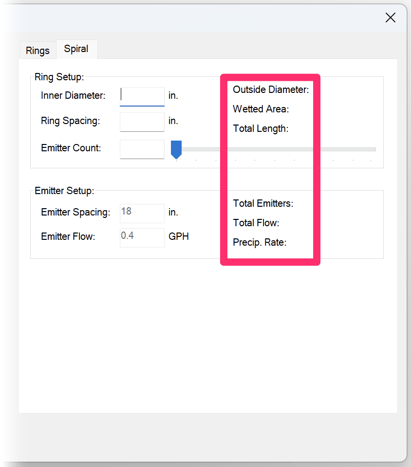 Autofilled values on the right side of the dialog box for configuring drip rings