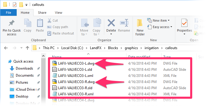 Each callout source file has three associated files (DWG, SLD, and XML)