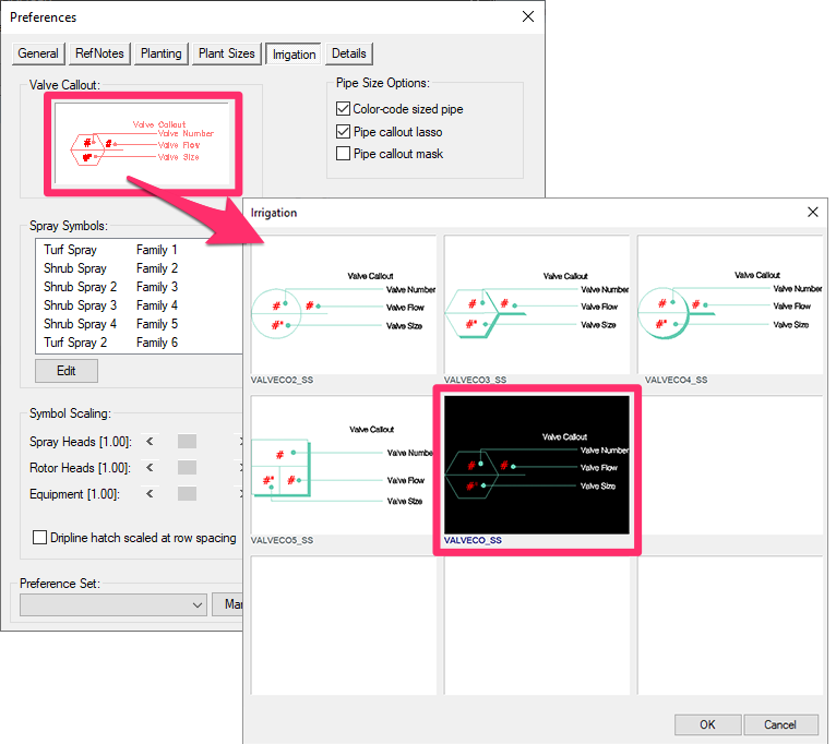 Customized valve callout appears in Irrigation Preferences