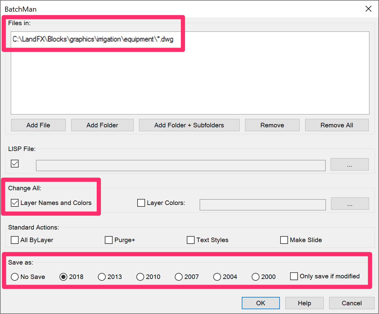 BatchMan dialog box, files to change listed, Layer Names and Colors option selected