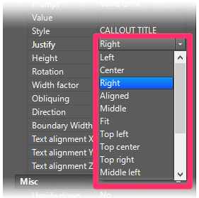 Properties panel, Justify menu options, including Left, Center, Right, Aligned