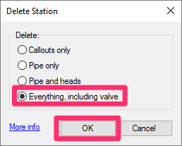 Delete Station dialog box, Everything, including valve option