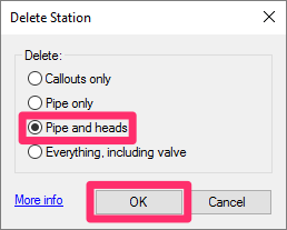 Delete Station dialog box, Pipe and heads option