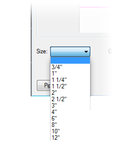 Equipment Info dialog box, Size menu