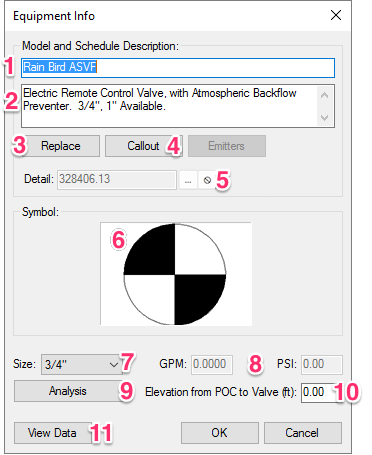 Equipment Info dialog box, editing a valve