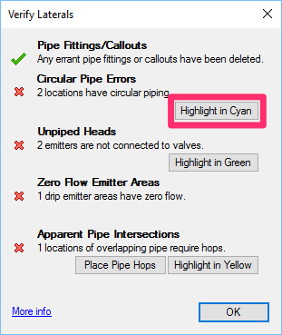 Verify Laterals dialog box, Highlight in Cyan button for circular pipe errors