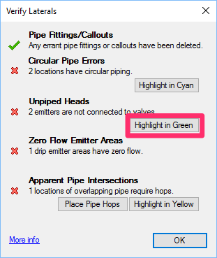 Verify Laterals dialog box, Highlight in Green button for unpiped heads