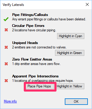 erify Laterals dialog box, Place Pipe Hops button