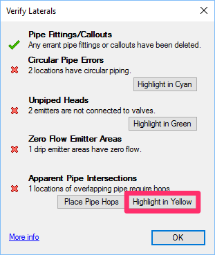 erify Laterals dialog box, Highlight in Yellow button for apparent pipe intersections