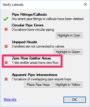 Verify Laterals dialog box, Zero flow emitter errors entry