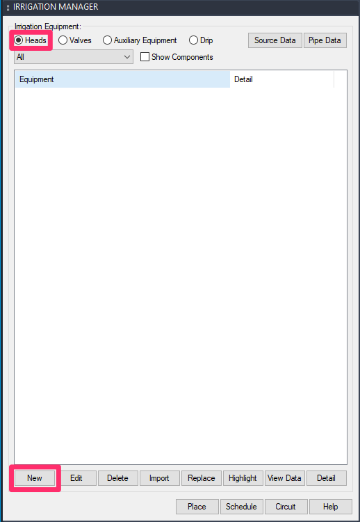 Irrigation Manager, Heads section, New button