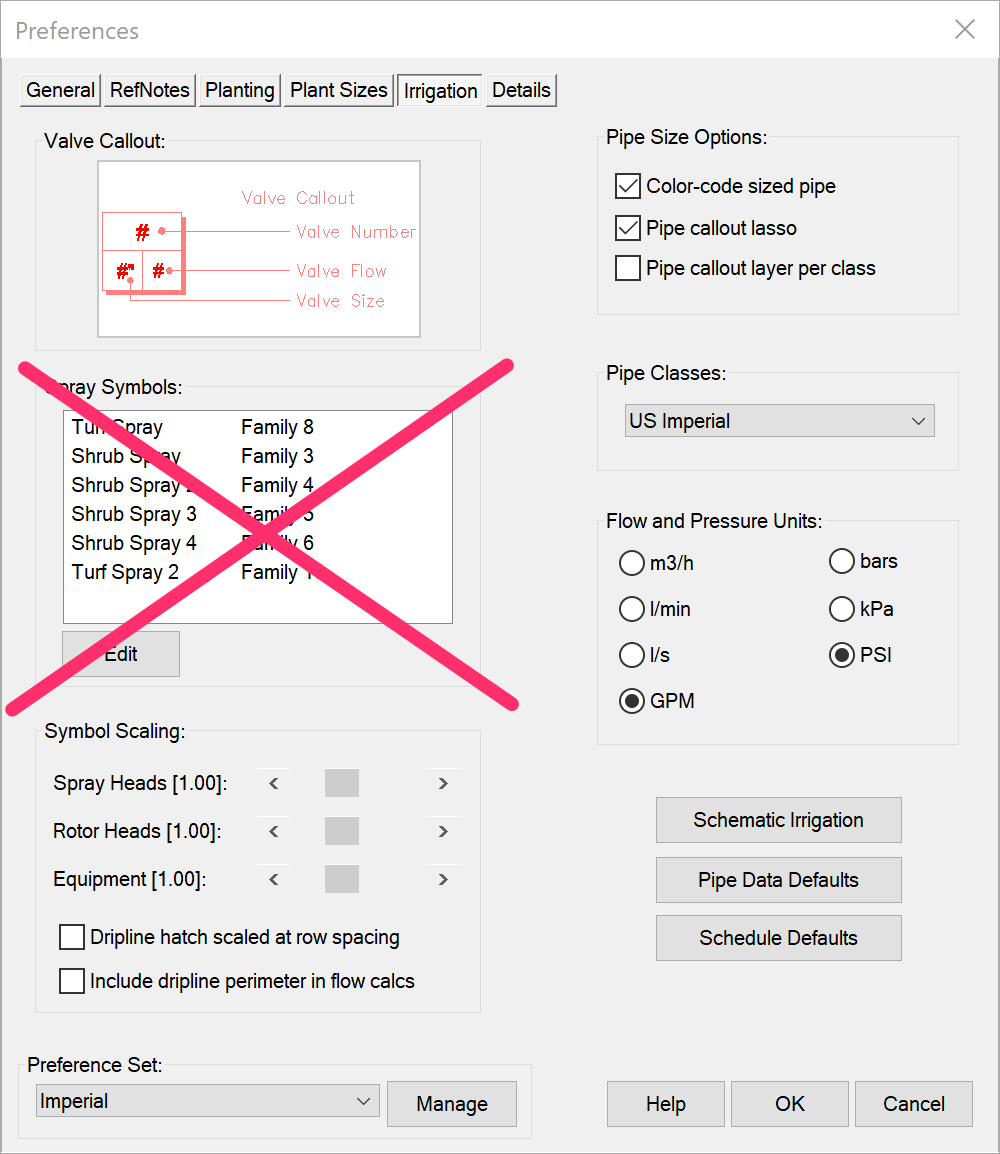 Irrigation Preferences before update, with Spray Familes section