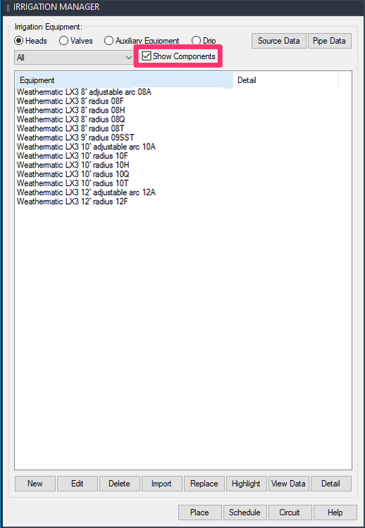 Irrigation Manager, Show Components option