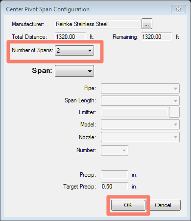 Selected manufactrurer and series listed in Center Pivot Span Configuration dialog box