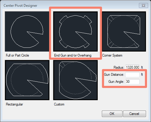 Center Pivot Designer dialog box, configuration options