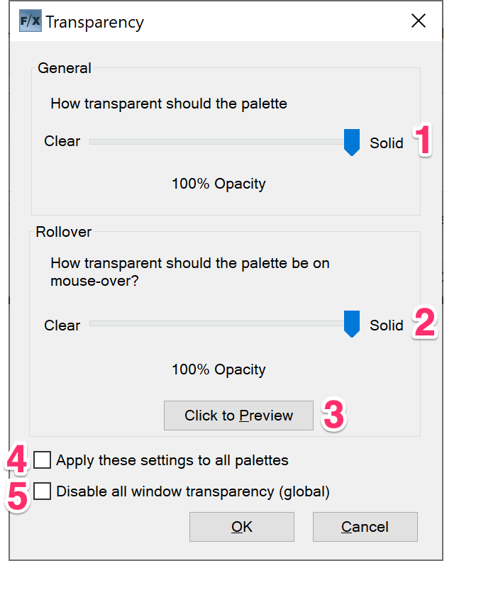 Transparency dialog box, overview