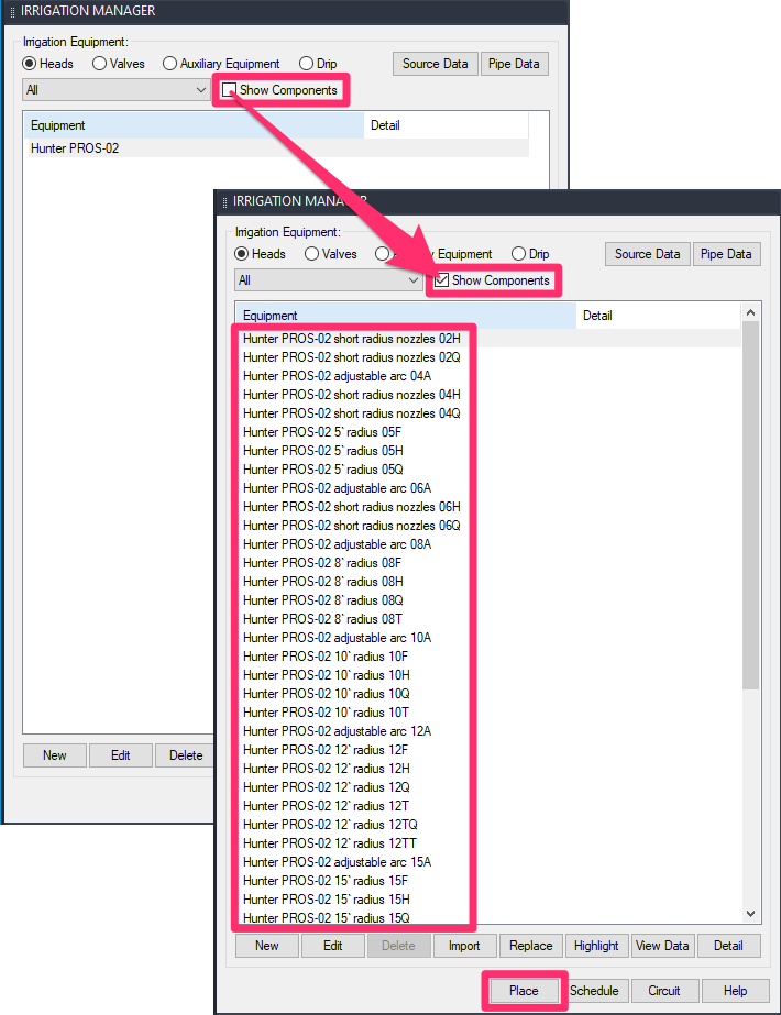 Irrigation Manager, Show Components option