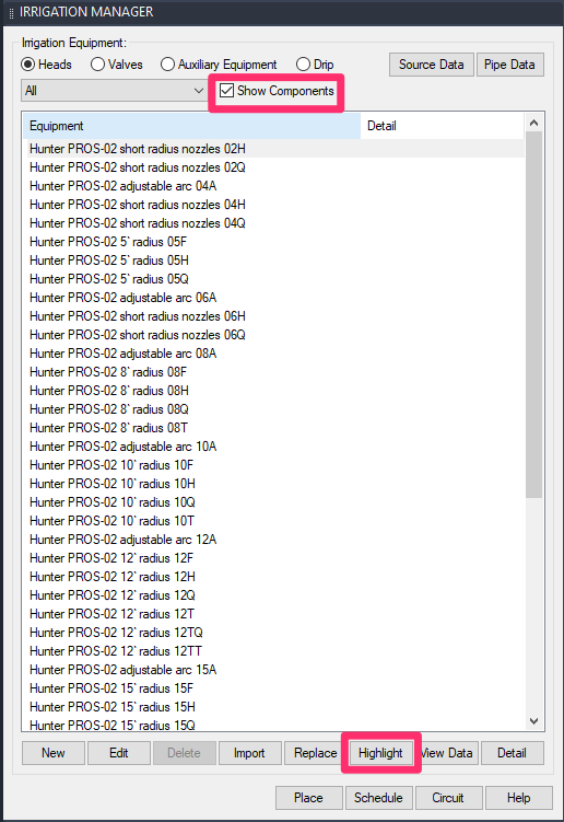 All instances of selecte size or nozzle highlighted in drawing