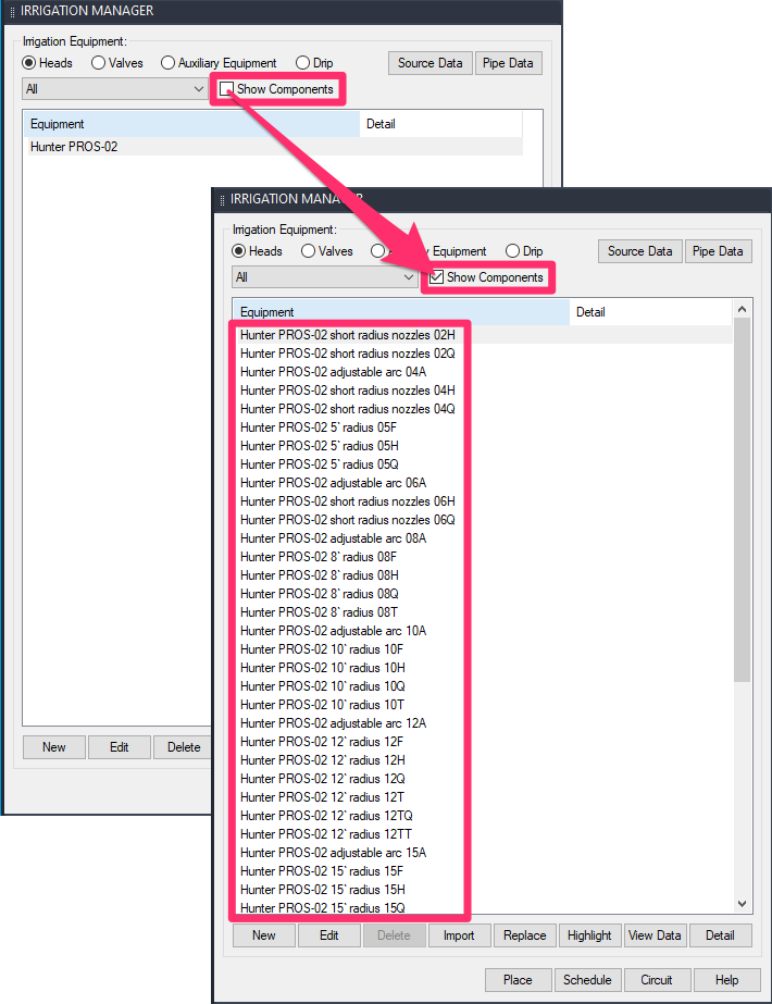 Irrigaiton Manager, Show Components option