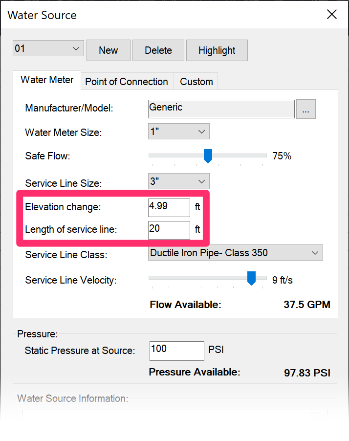 Water meter, Elevation Change and Length of Service Line settings