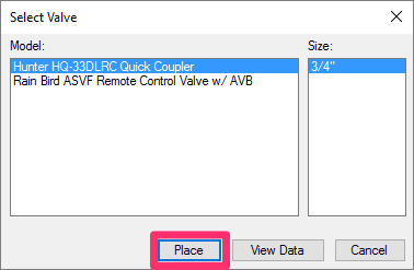 Select Valve dialog box, placing a valve