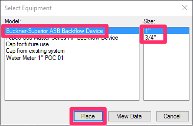 Select Equipment dialog box, placing a backflow device