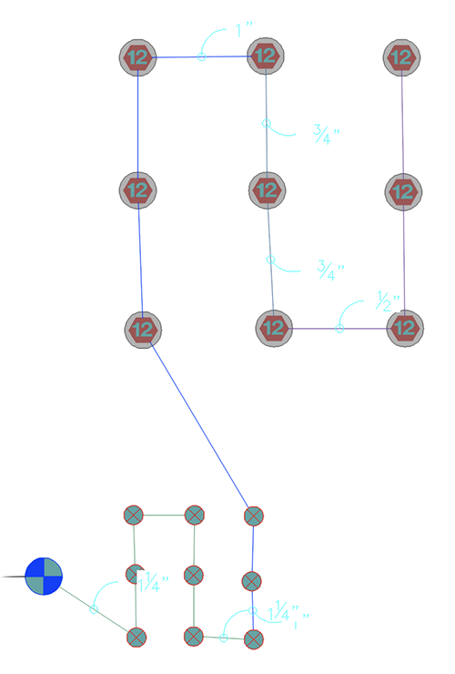 After sizing – pipes color coded with size callouts