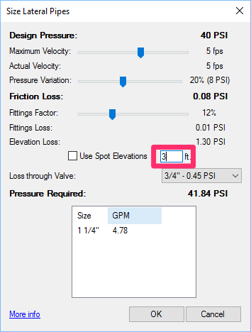 Entering the difference in elevation between a valve and the highest head in the design