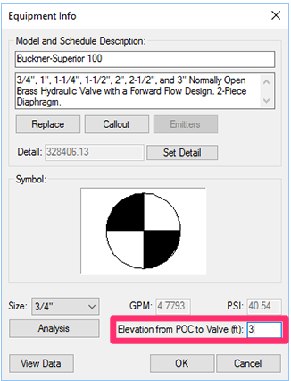 Equipment Info dialog box, Elevation from POC to Valve setting