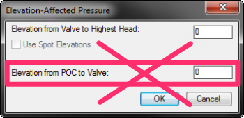 Size Laterals dialog box no longer includes Elevation from POC to Valve option