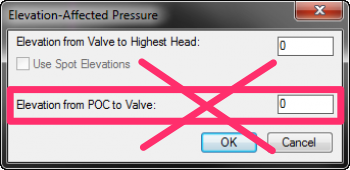 Size Laterals dialog box no longer includes Elevation from POC to Valve setting