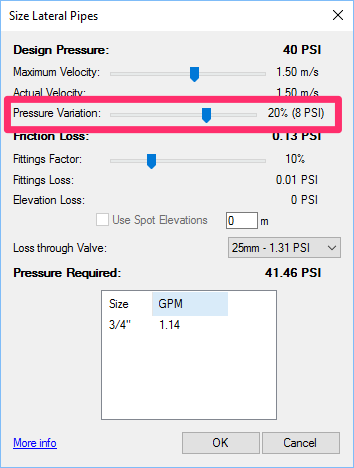 Size Lateral Pipes dialog box, Pressure Variation setting