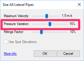 Size All Lateral Pipes dialog box, Pressure Variation setting