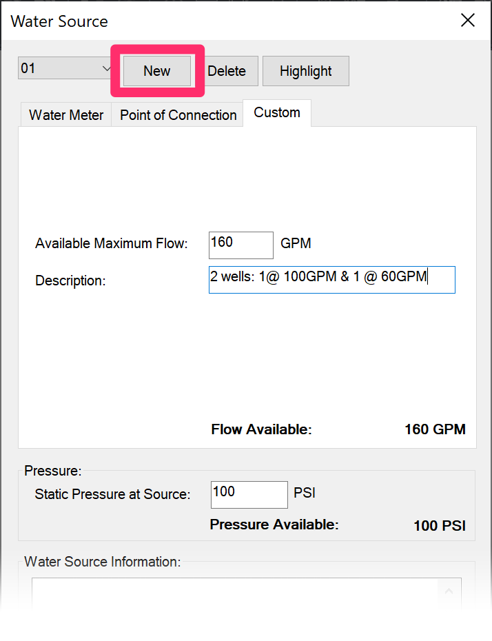 Water Source dialog box, New button