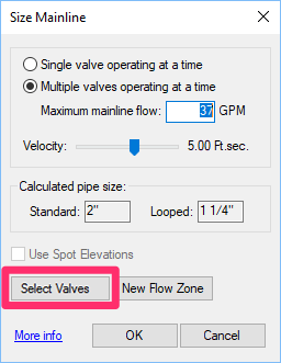 Size Mainline dialog box, Select Valves button
