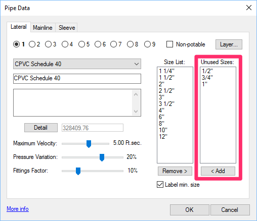 Unused Sizes list fo rlateral pipe