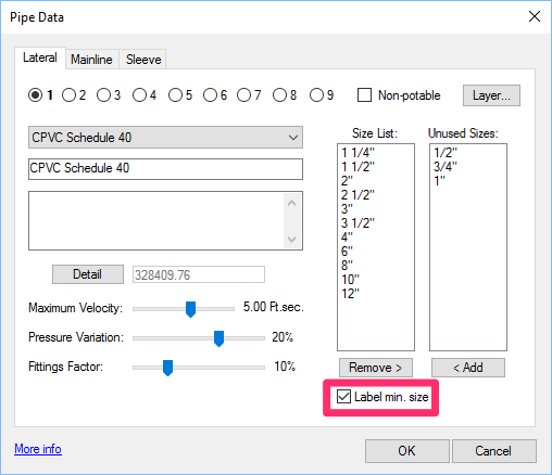 Pipe Data dialog box, Label min. size option