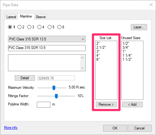 Size List for mainline pipe