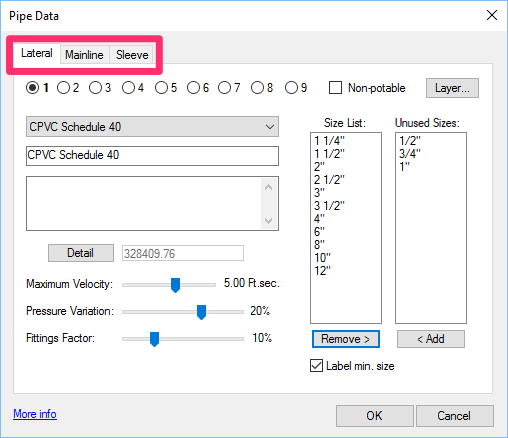 Pipe Data dialog box, tabs for pipe classes