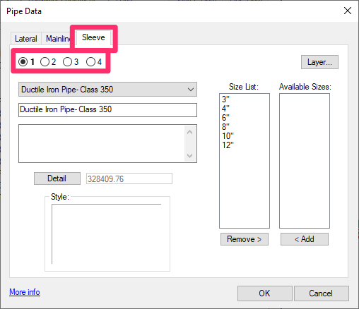 Pipe Data dialog box, available pipe sleeve classes