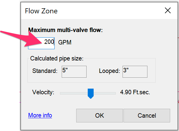Flow Zone dialog box, Maximum multi-valve flow set to 200 GPM